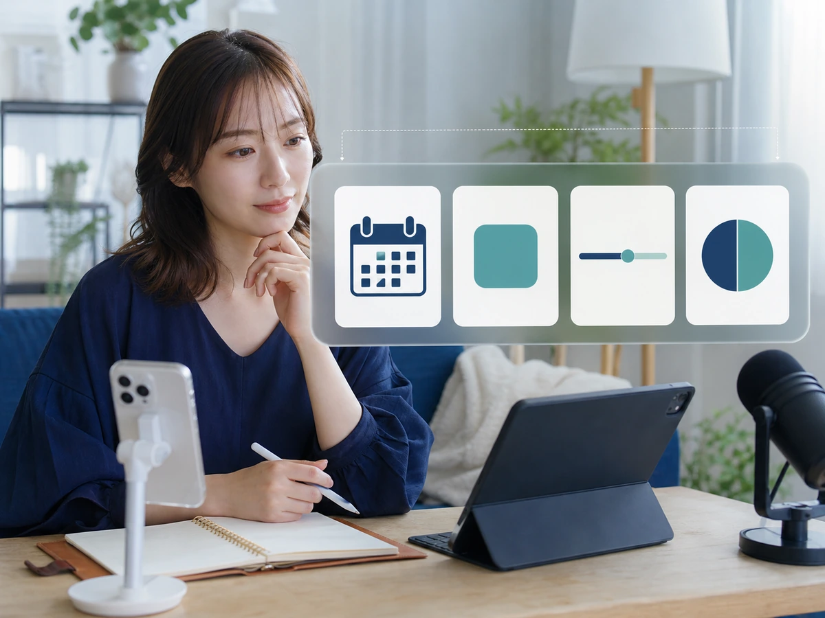 配信者が日付、アプリ、配信時間、結果を別々の記録項目として見ている