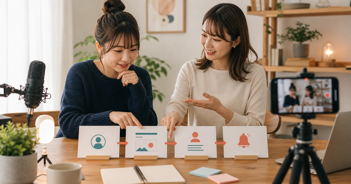 初配信を始める女性と担当者がプロフィール、タイトル、自己紹介、次回案内の順に準備している