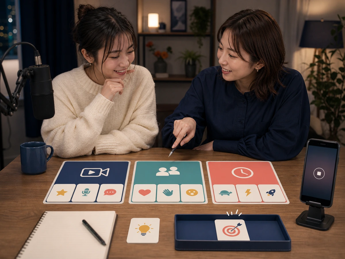 初配信を終えた女性が配信内容、反応、配信時間を分け、次回に変える一つの行動を選んでいる