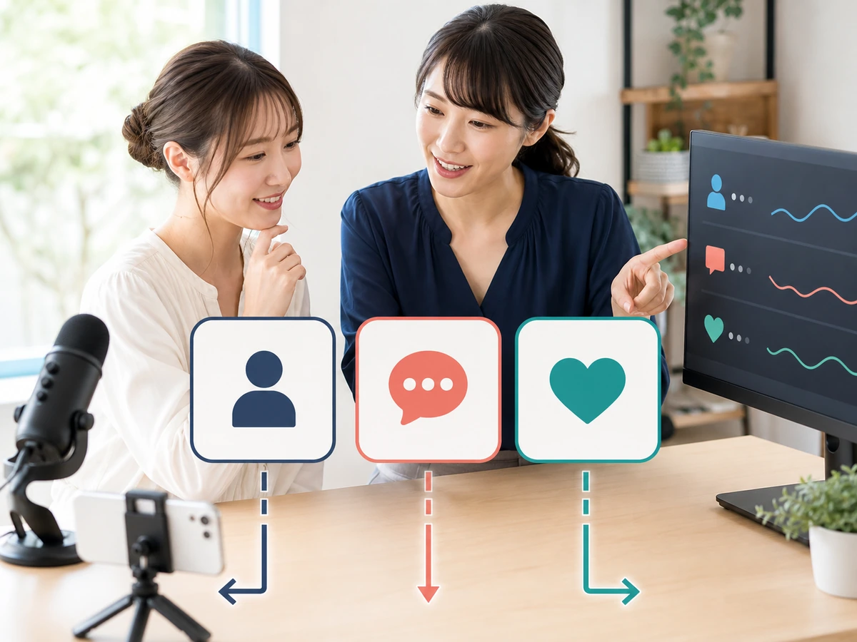 女性配信者と担当者が入室、コメント、フォローを別々の視聴者行動として配信画面で整理している