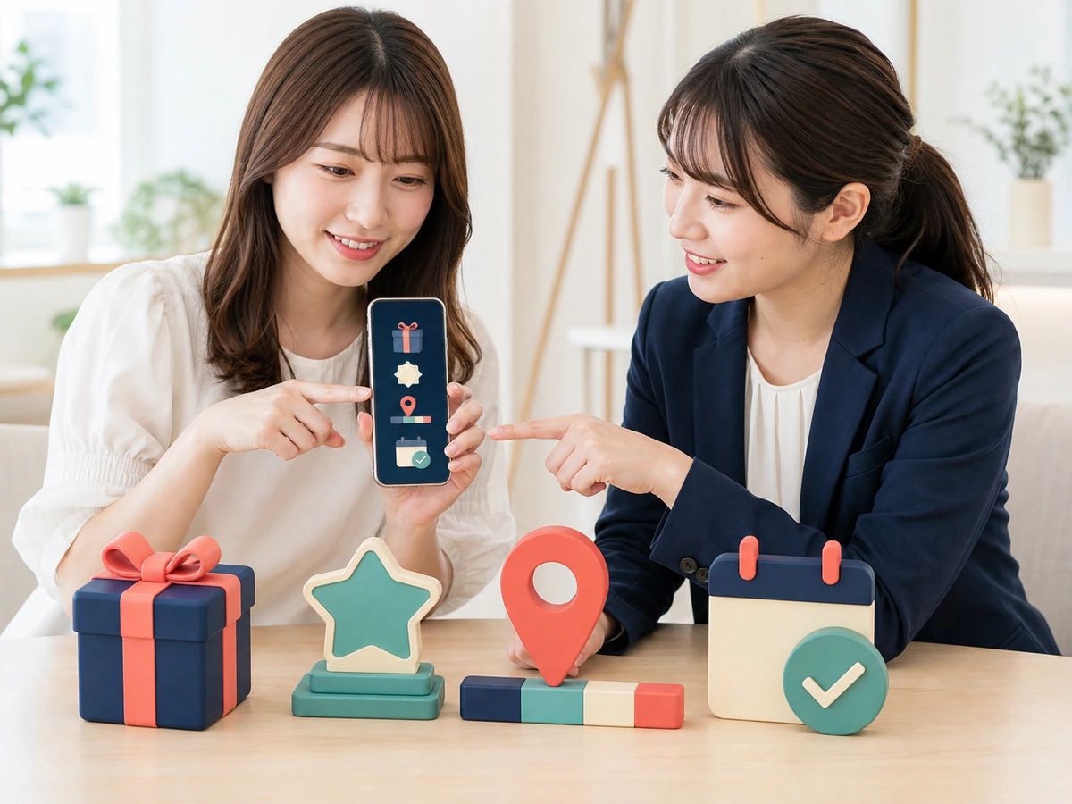 女性配信者がイベント画面に表示されたギフト、ランク、順位を一つずつ指し、担当者と現在の条件を確認している