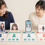 女性配信者と担当者が人物映像、イラスト、アバター、ラジオの四つの配信形式を見比べている