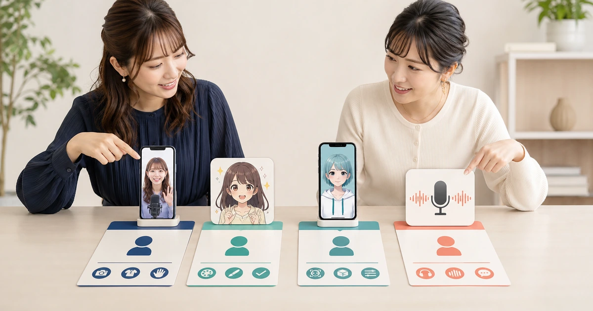 女性配信者と担当者が人物映像、イラスト、アバター、ラジオの四つの配信形式を見比べている