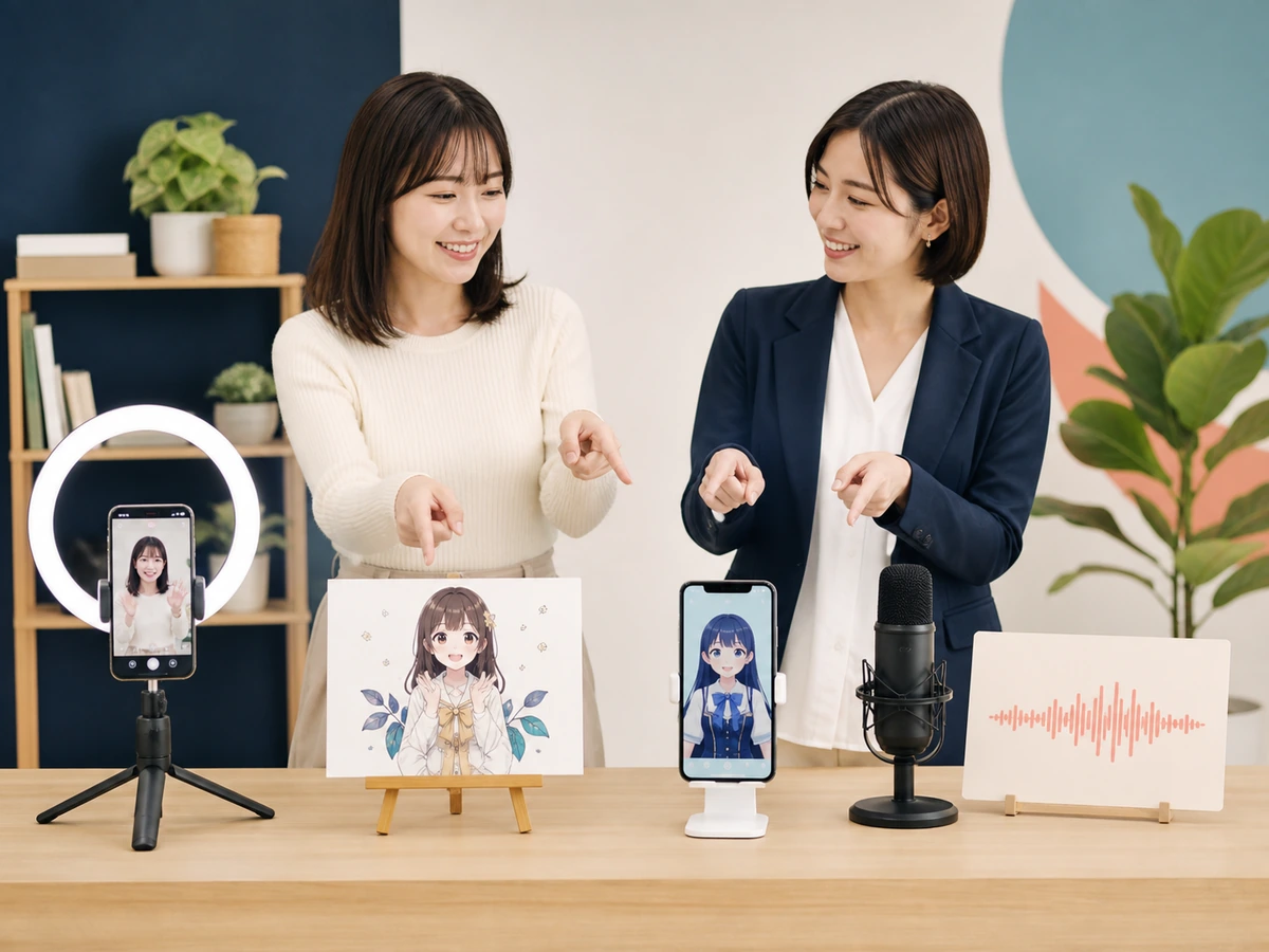 女性配信者が人物映像、イラスト、アバター、ラジオの配信形式を見比べている