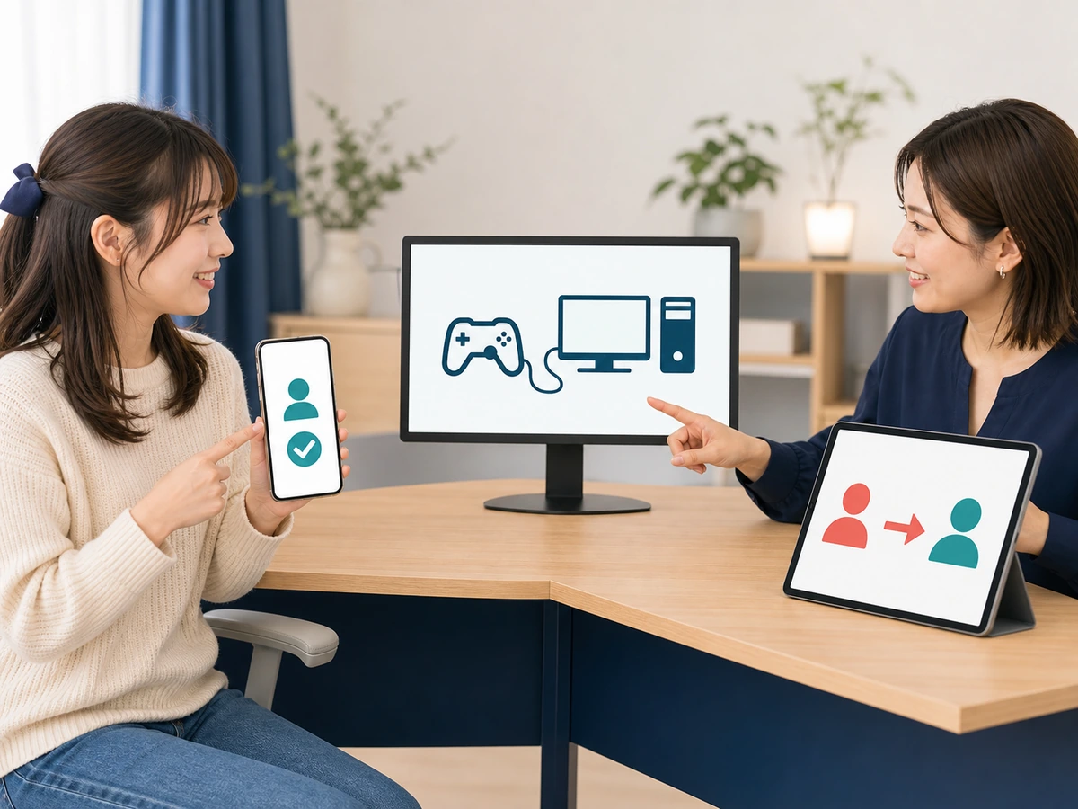 女性配信者と担当者が年齢確認、ゲーム配信、アカウント移行の三つの画面を分けて確認している
