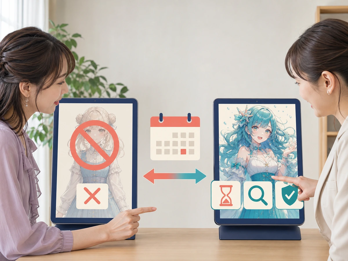 女性配信者と担当者が終了した旧画面と現在の配信キャラ審査画面を分けて見ている