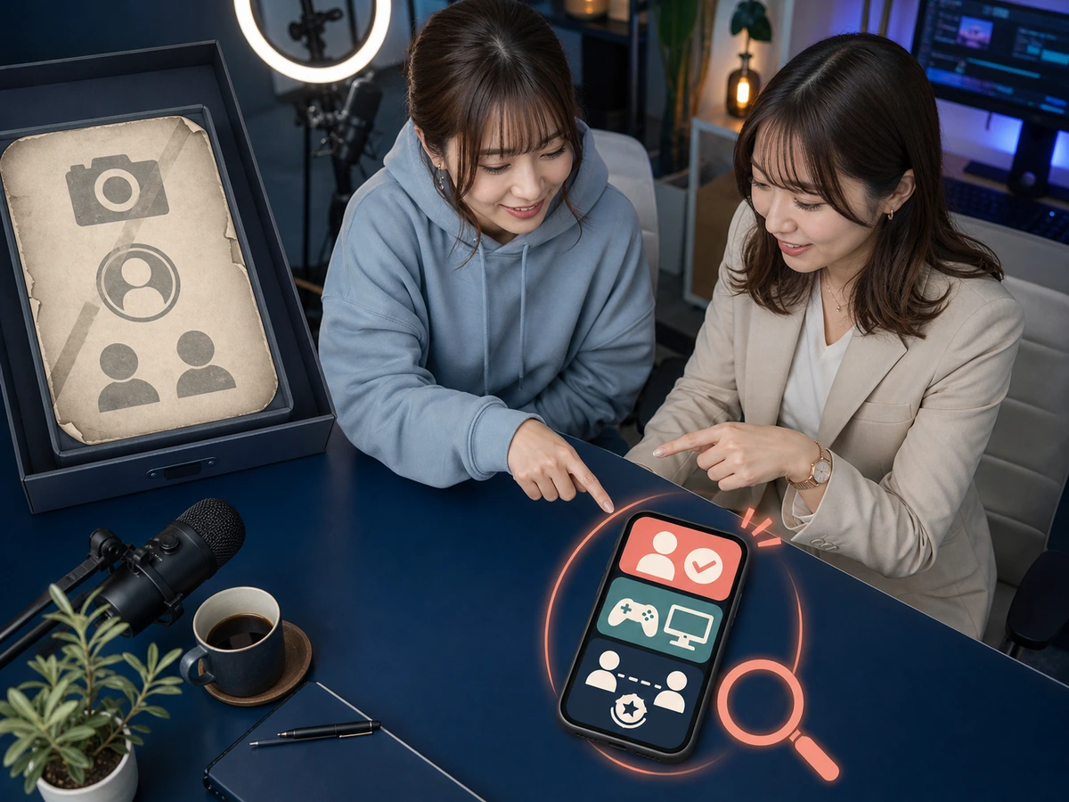 女性配信者と担当者が年齢判定、ゲーム配信、アカウント移行の現在の画面を選んでいる