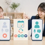 女性配信者と担当者が更新日を挟んで変更前と現在の配信画面を見比べている