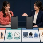 女性配信者と担当者が配信形式、年齢と時間、ゲーム配信の準備、報酬の受け取り経路を同じ項目で比べている