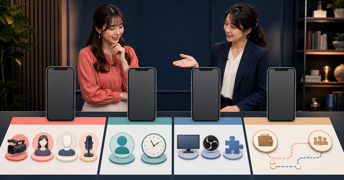 女性配信者と担当者が配信形式、年齢と時間、ゲーム配信の準備、報酬の受け取り経路を同じ項目で比べている