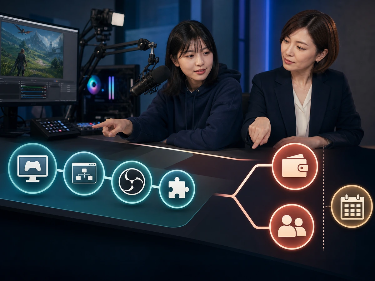 女性配信者と担当者がゲーム画面の取得元、必要ソフト、専用プラグイン、報酬の受け取り経路を別々に比べている
