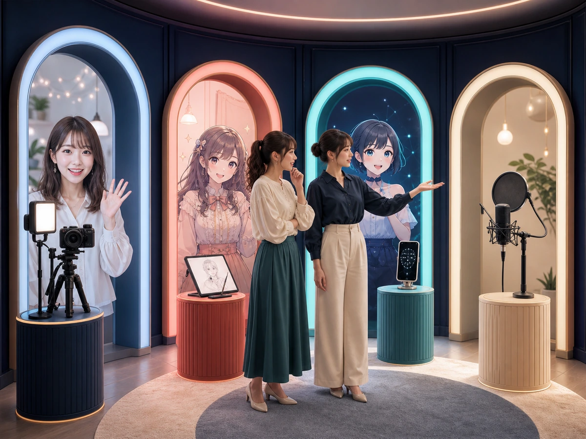 女性配信者と担当者が人物映像、イラスト、アバター、ラジオの配信形式を必要な準備と一緒に比べている
