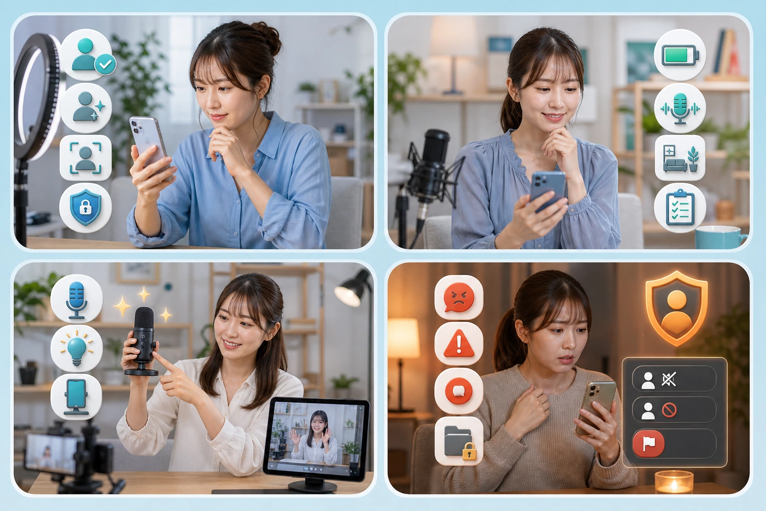 四人の女性配信者が初回、毎回、機材変更時、トラブル時の確認を別々に行っている
