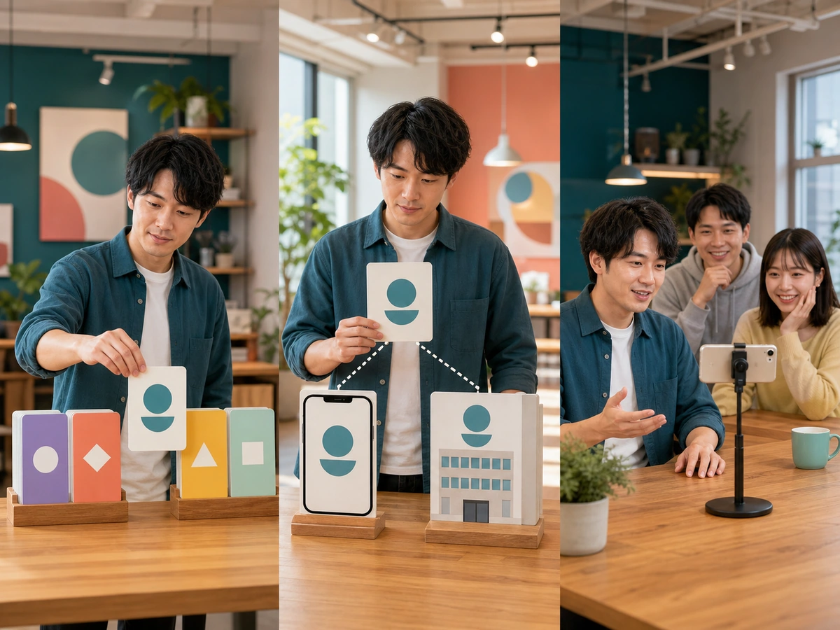 成人男性がYUIWAYの記事選び、サービスと運営者の照合、短い試用配信の三段階を進む様子