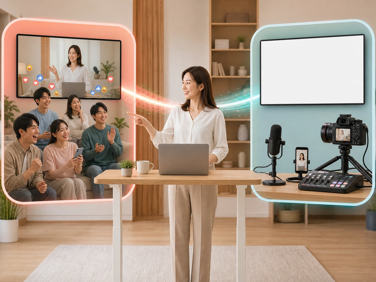 成人女性が視聴者の集まる配信先とカメラやマイクを備えた制作送出環境の違いを示す様子
