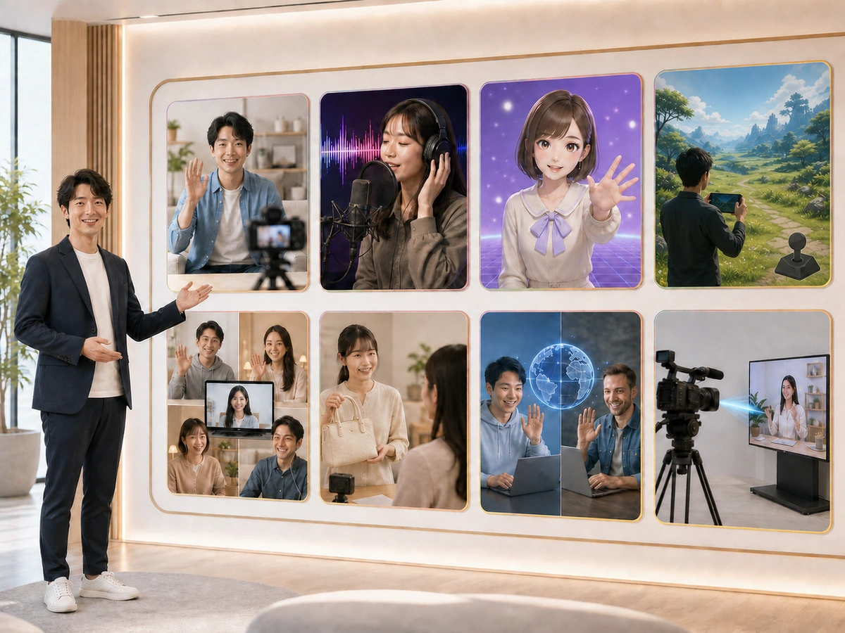 成人男性が映像、音声、アバター、ゲーム、コミュニティ、販売、海外、制作送出の8分類を見渡す様子