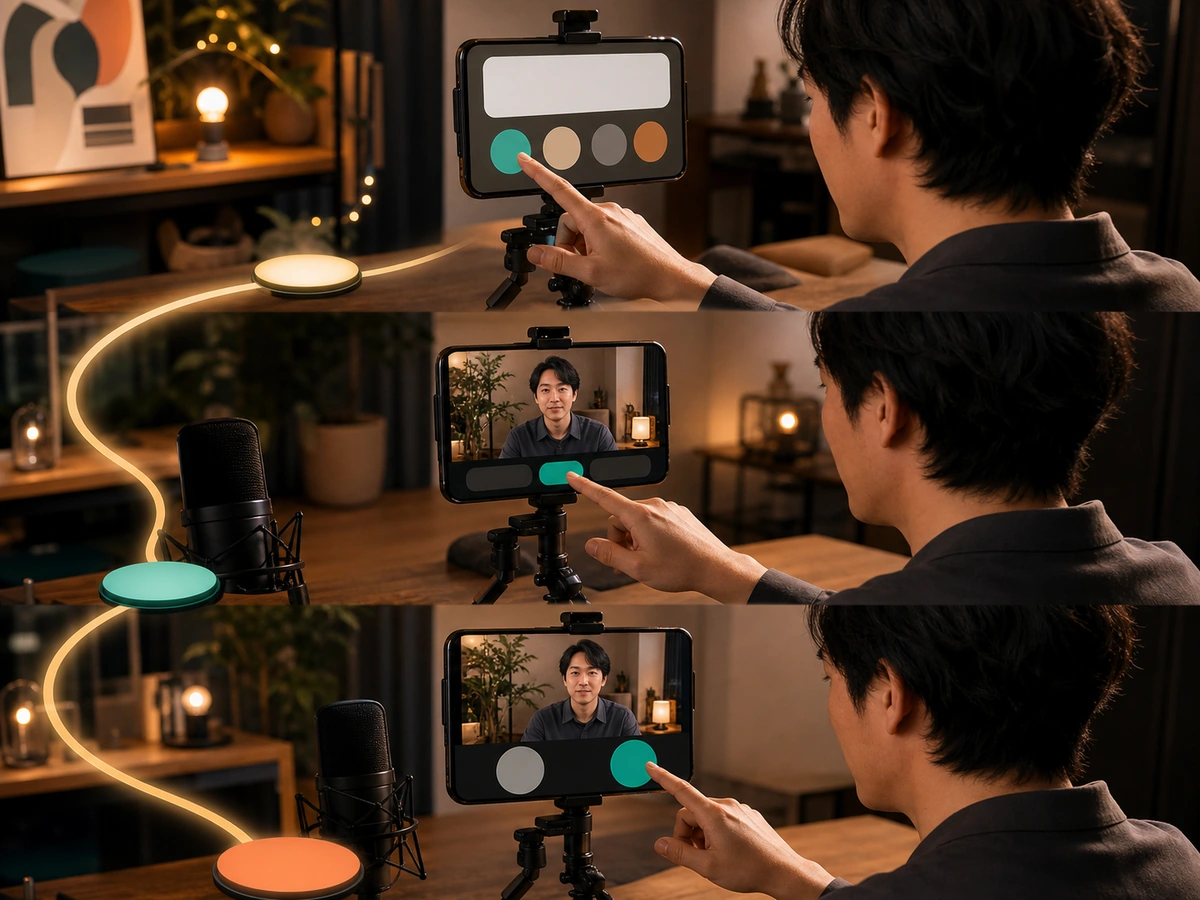 成人男性が無記名のタイトルとラベル、映像モードとカメラ、分離した終了と開始の操作を3段階で確かめる様子