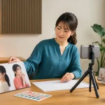 成人女性がプロフィール写真、配信予定、他の配信の視聴、配信用端末を一つの机で準備する様子