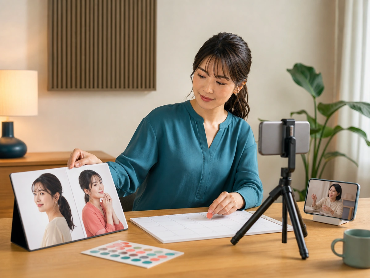 成人女性がプロフィール写真、配信予定、他の配信の視聴、配信用端末を一つの机で準備する様子