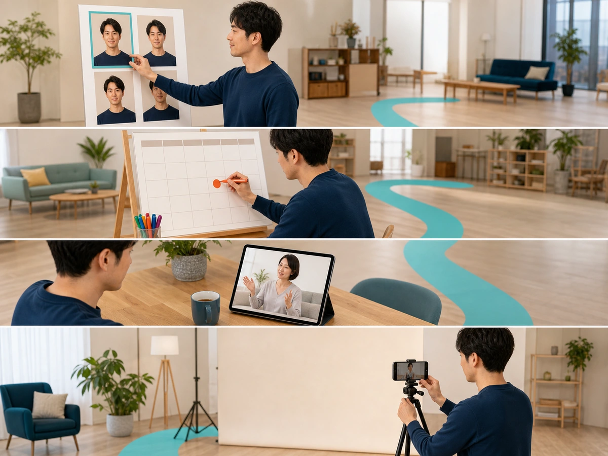 成人男性がプロフィール写真、配信予定、他の配信の視聴、無地の配信背景を順に準備する4場面