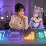 成人女性と独自アバターが参加可否、開催期間、スコア、特典と承諾事項を見比べる様子