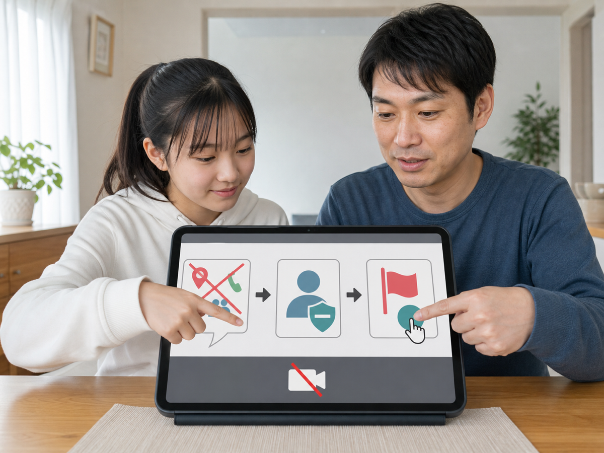 未成年本人と保護者が不適切なコメントをブロックし通報する場面
