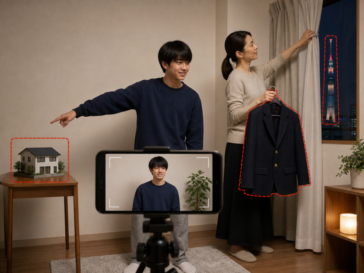保護者と本人が制服、自宅外観、窓外の建物を映さない配信範囲を作る場面