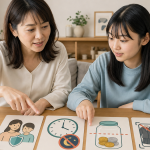 保護者と未成年本人が配信開始前の確認項目を一緒に見る場面