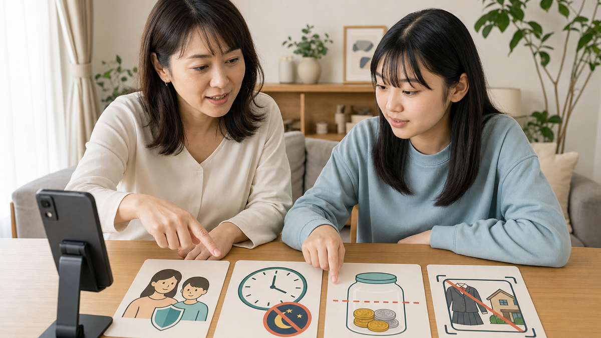 保護者と未成年本人が配信開始前の確認項目を一緒に見る場面
