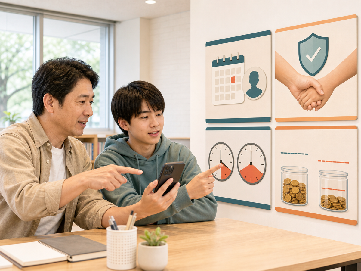 保護者と未成年本人が年齢、同意、配信時間、課金上限を一緒に確認する場面