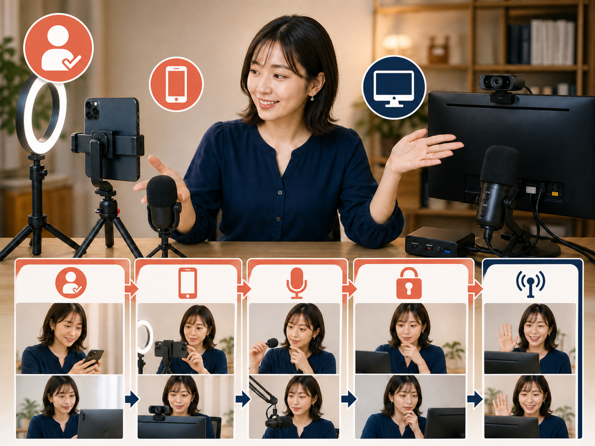スマートフォン配信とパソコン配信の準備を見比べる成人女性の配信者
