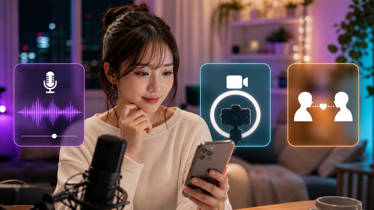 RAVIOでラジオ配信、ビデオ配信、1対1配信を選ぶ女性