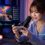 B-LIVEでiPhone画面とマイク音声を配信する女性