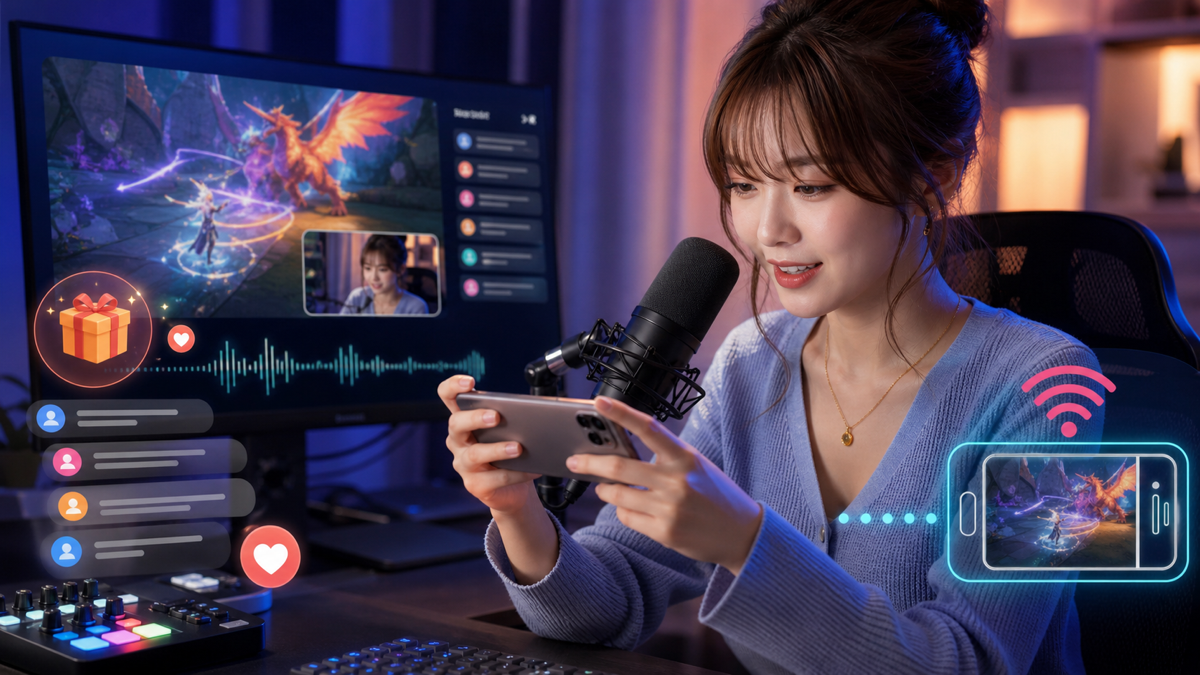 B-LIVEでiPhone画面とマイク音声を配信する女性