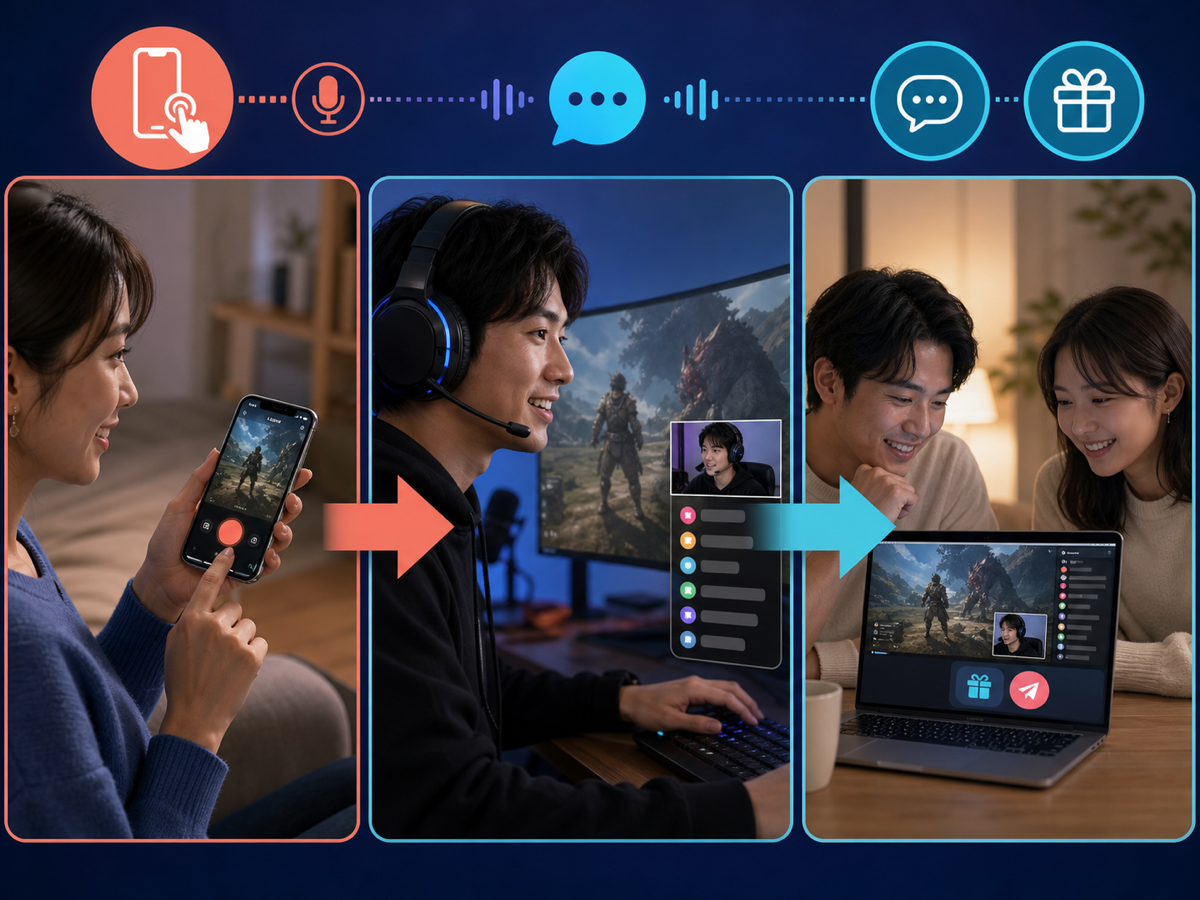 B-LIVEでiPhoneからゲームを配信し、PiPコメントを見て、視聴者がWebサイトから参加する流れ