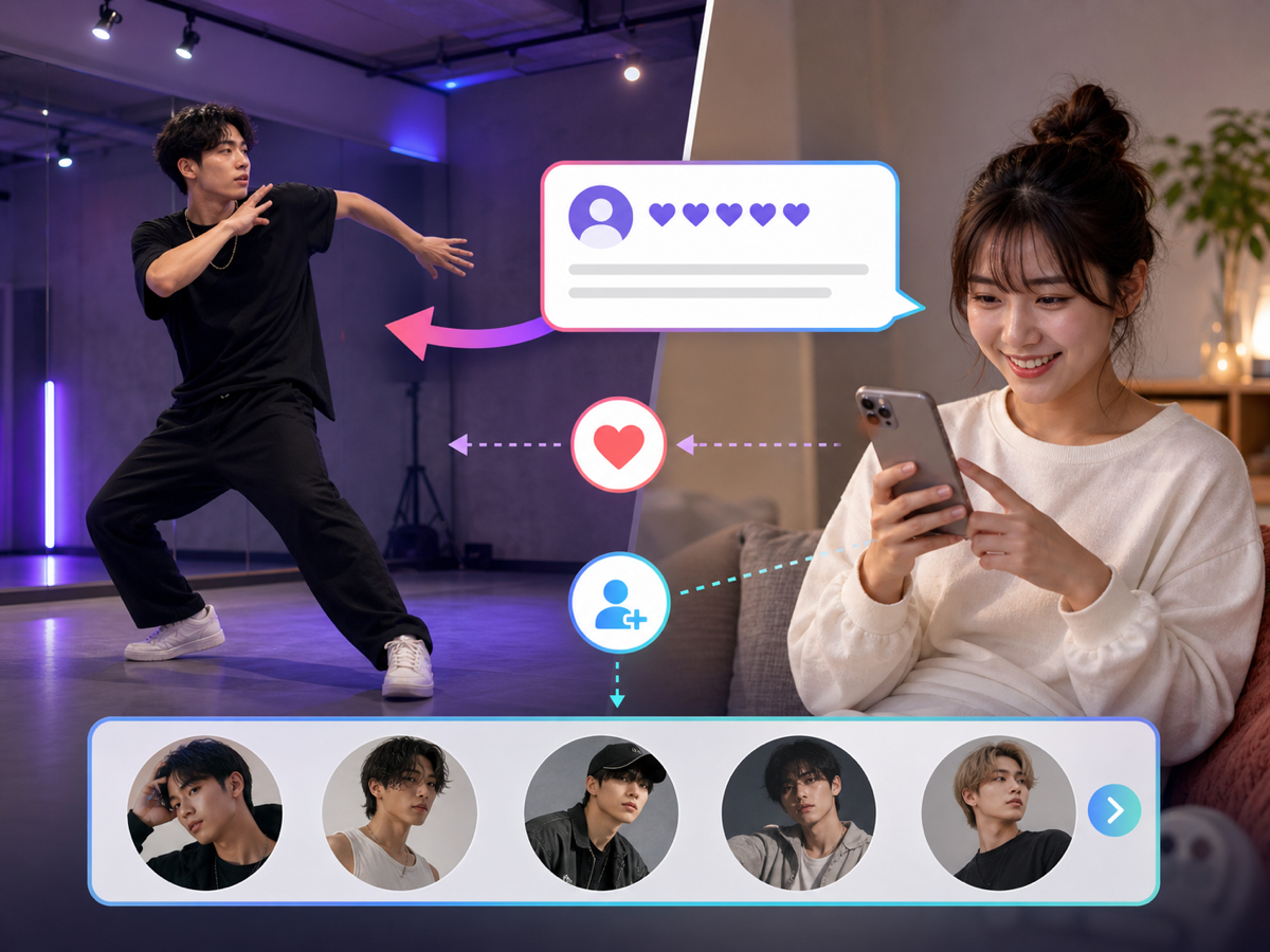 LiveLiveでダンス配信を見ながらコメントし、気になるダンサーをフォローする女性