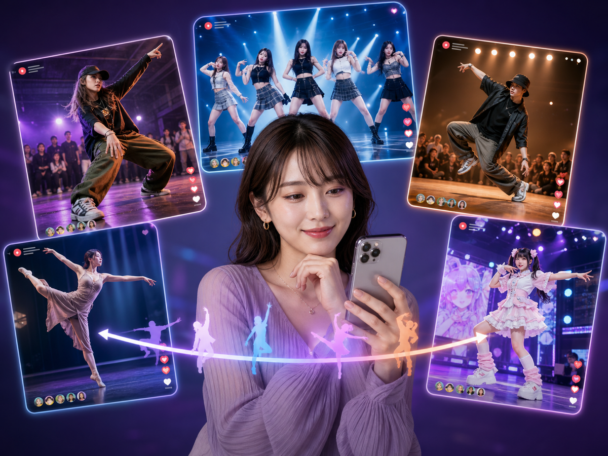 LiveLiveでストリート、K-POP、HIPHOP、ジャズ、アニメダンスの配信を探す女性
