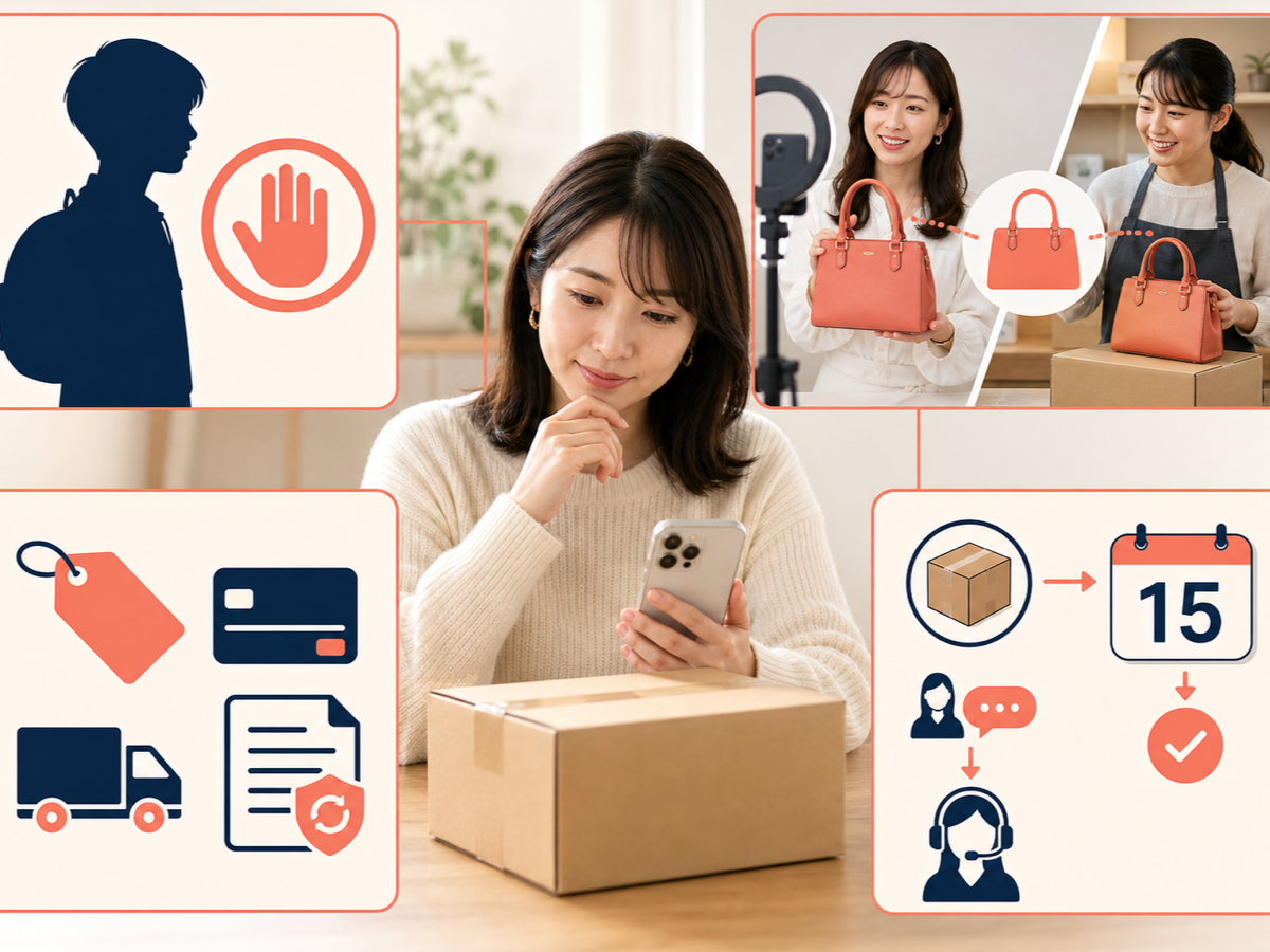 WABEの未成年者の売買不可、配信者と売主の違い、価格・支払・送料・返品条件、発送後15日の取引完了を見る女性