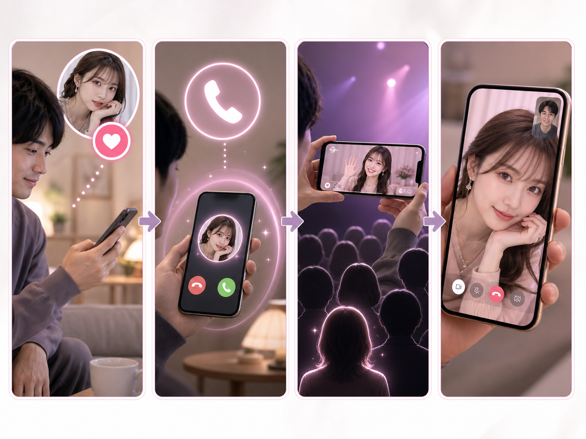 SUGARで出演者をフォローし、着信からライブ視聴と1対1の会話へ進む流れ
