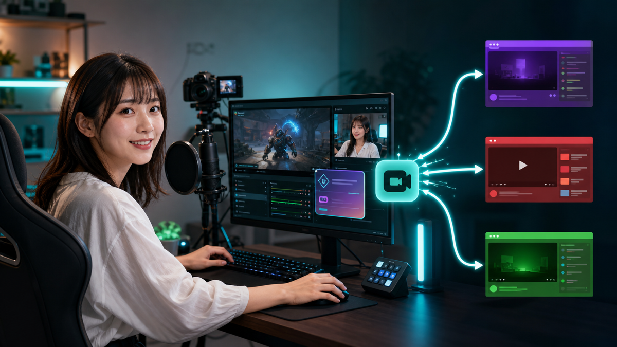 Streamlabsで成人配信者が一つの制作画面から複数の配信先へ映像を送る様子