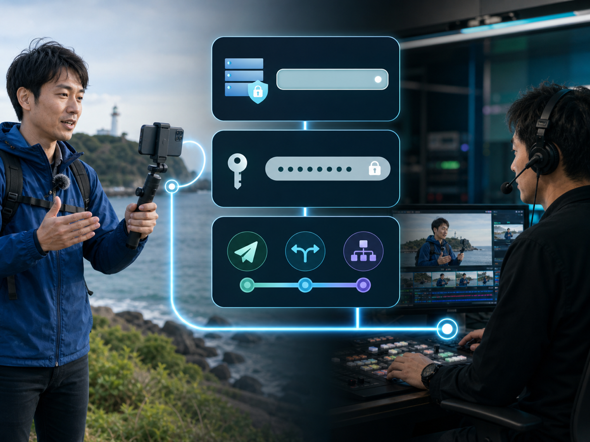 Larix Broadcasterで成人の現場レポーターとスタジオ担当者がURL、非表示キー、送信方式を設定する様子