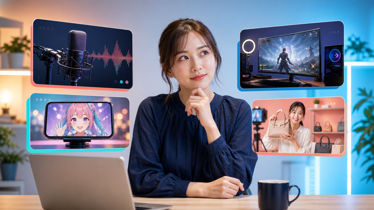 音声、アバター、ゲーム、商品販売の配信形式を見比べる成人女性