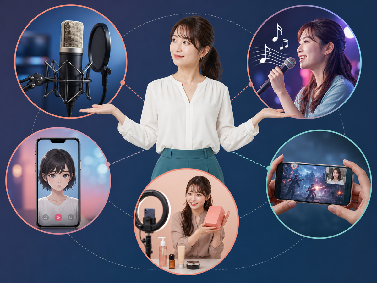 音声、アバター、歌、ゲーム、ライブコマースの配信形式を見比べる成人女性