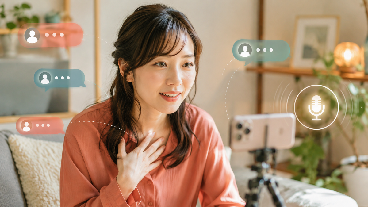 コメントへ応えながらスマートフォンで配信する成人女性
