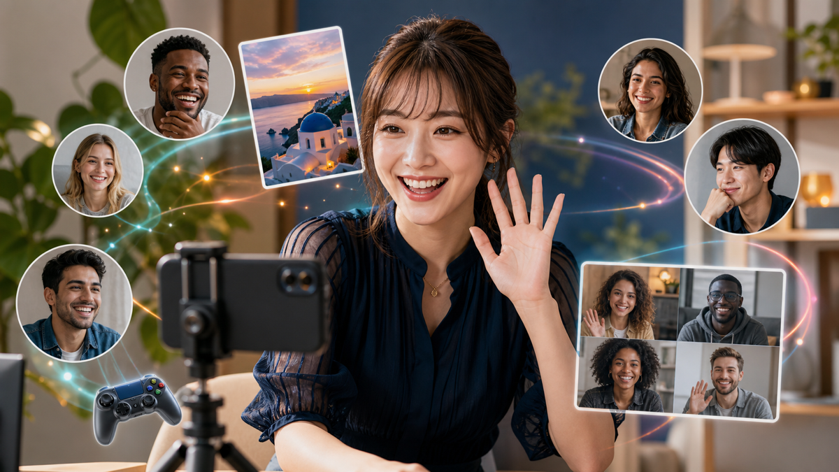 世界各地の成人配信者とスマートフォンで交流する成人女性