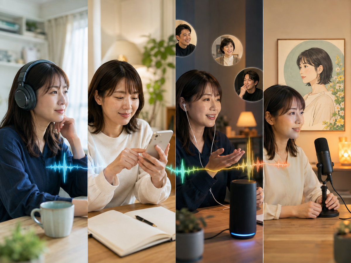 配信を聴き、コメントし、グループ会話を試し、ボイスカードを準備する成人女性