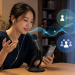 音声ライブとコメント、グループ会話、ボイスカードを見比べる成人女性