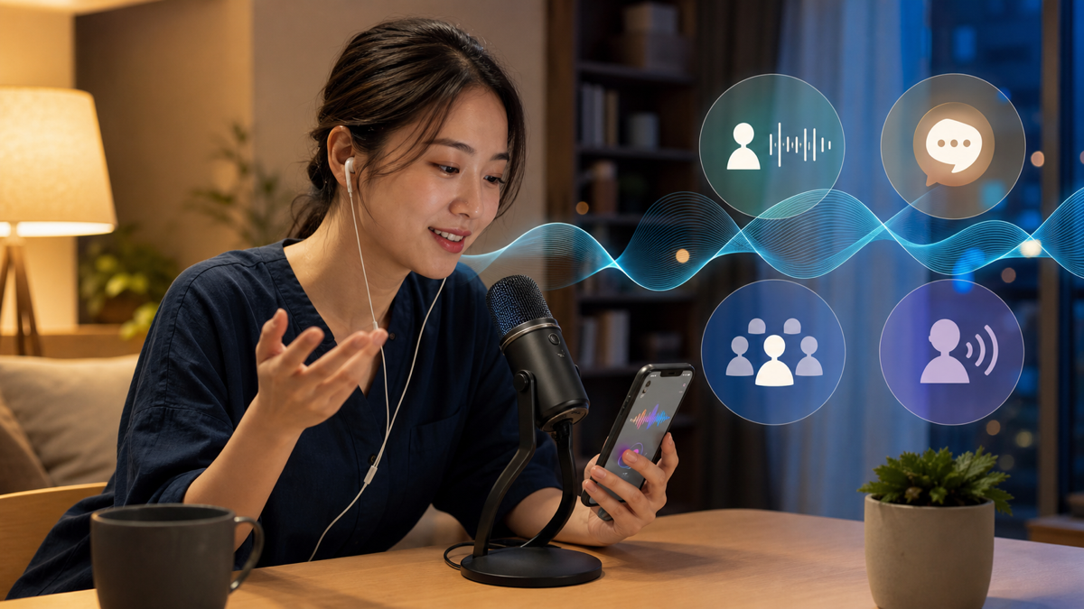 音声ライブとコメント、グループ会話、ボイスカードを見比べる成人女性