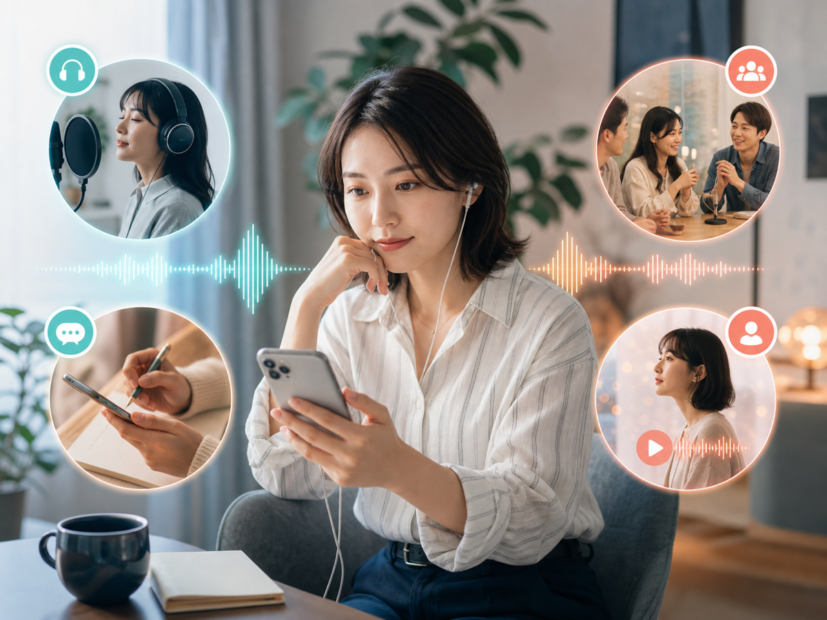 音声ライブ、コメント、グループ会話、ボイスカードを見比べる成人女性