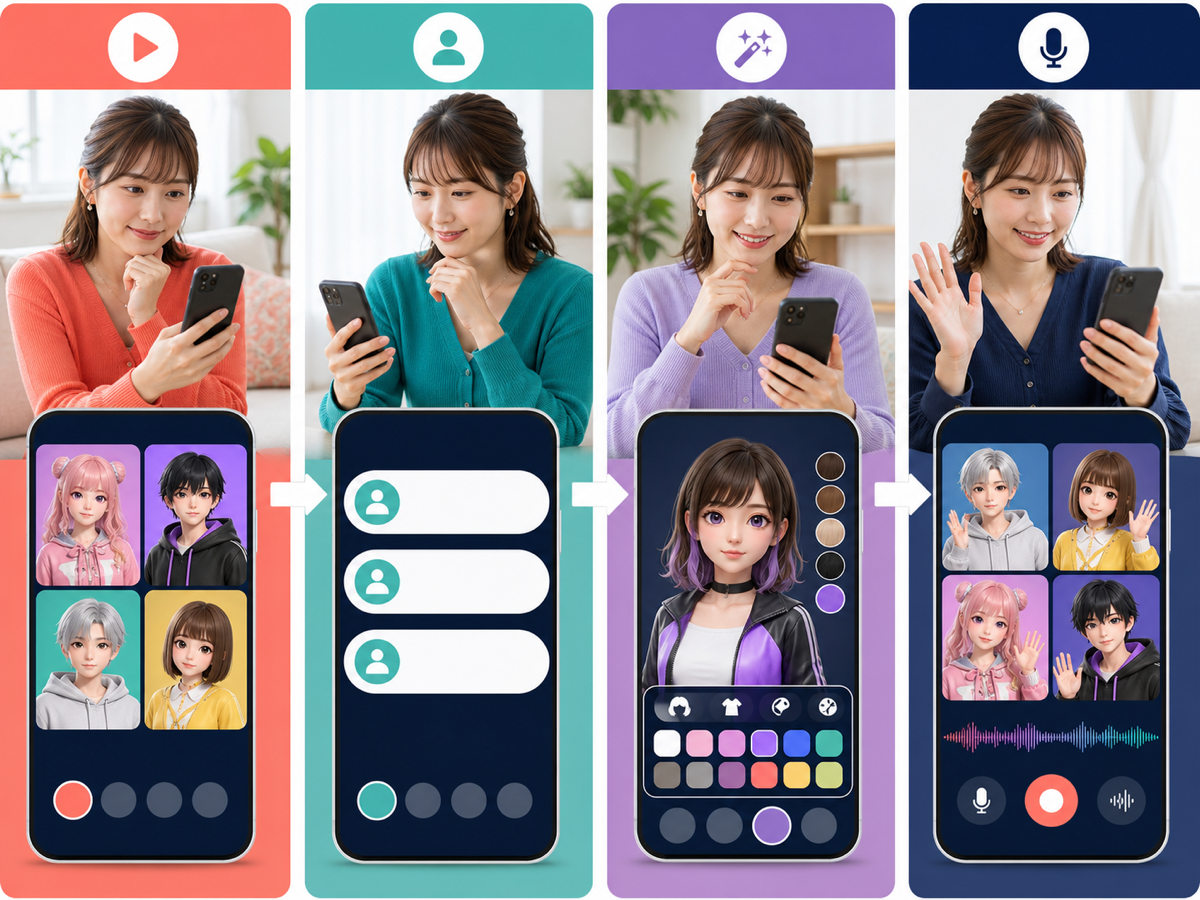 配信を見る、プロフィールを整える、アバターを作る、声とコラボを試す成人女性